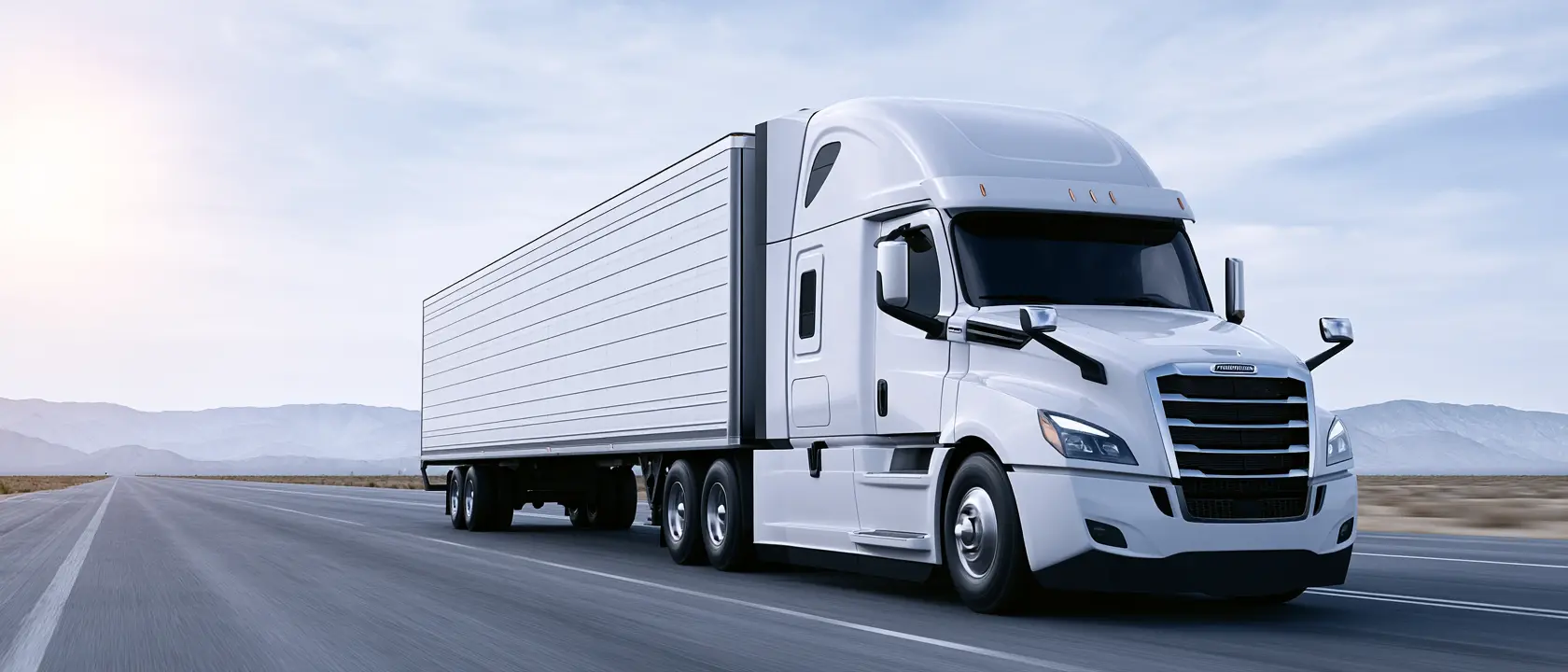 A modern Freightliner Cascadia tractor-trailer traveling on an American interstate highway